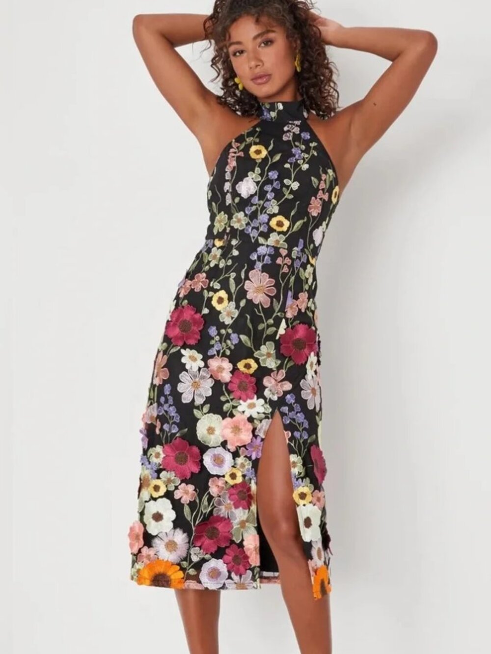 Lulus Unique Impression Black 3D Floral Embroidered Halter Midi Dress